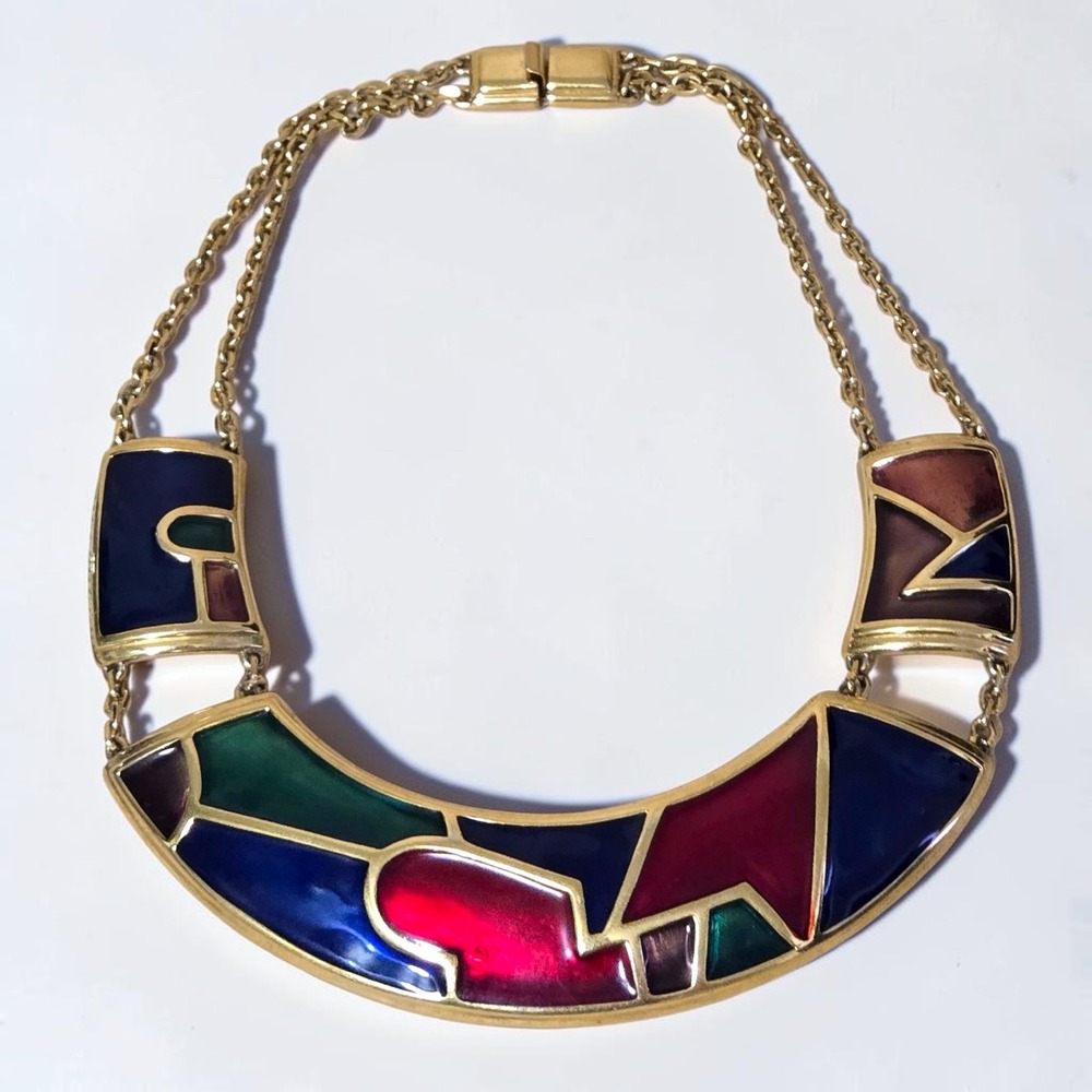 Vintage Monet Directives Collection Collar Geometric Multi Color Enamel Necklace